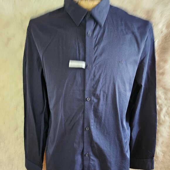Calvin Klein Man's Navy Blue Cotton Cashmere Button Up Long Sleeves Shirt Size L - Picture 2 of 9